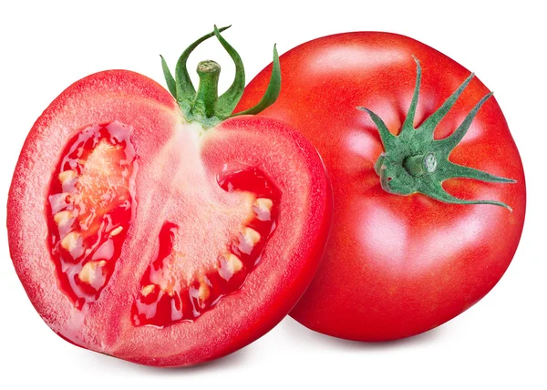 Tomate und eine Hälfte isoliert auf weißem Hintergrund. — Stockfoto