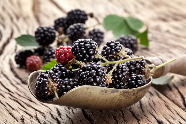 Blackberries with leaves on a old wooden table. — Stock Photo, Image