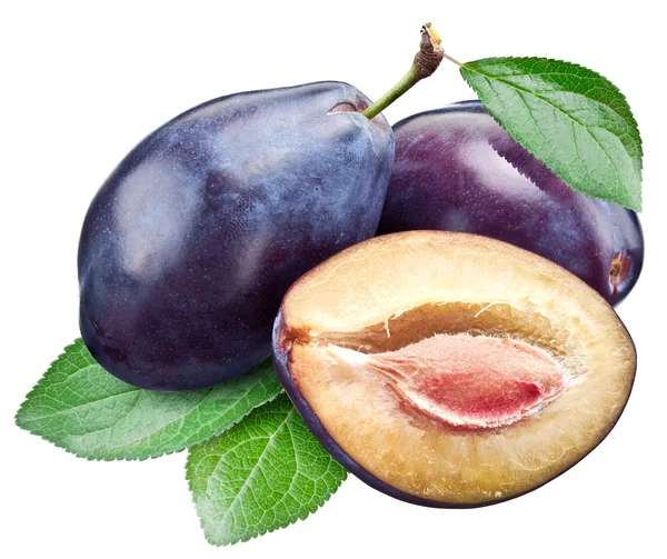 Three plums with leaf. Clipping paths. — Stock Photo, Image