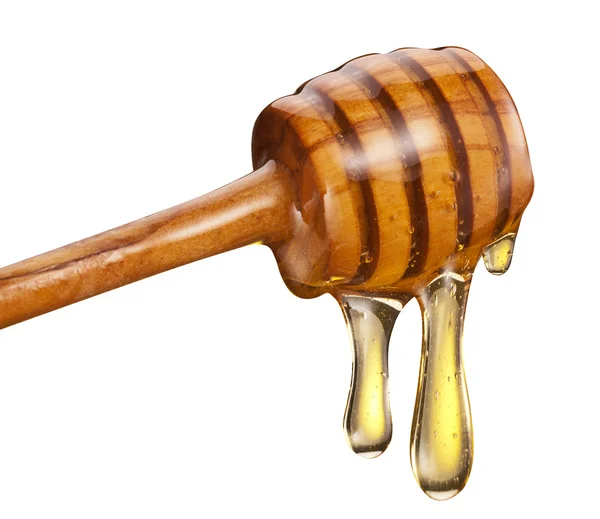 Honey droplets flowing from wooden stick. — Stock Photo, Image