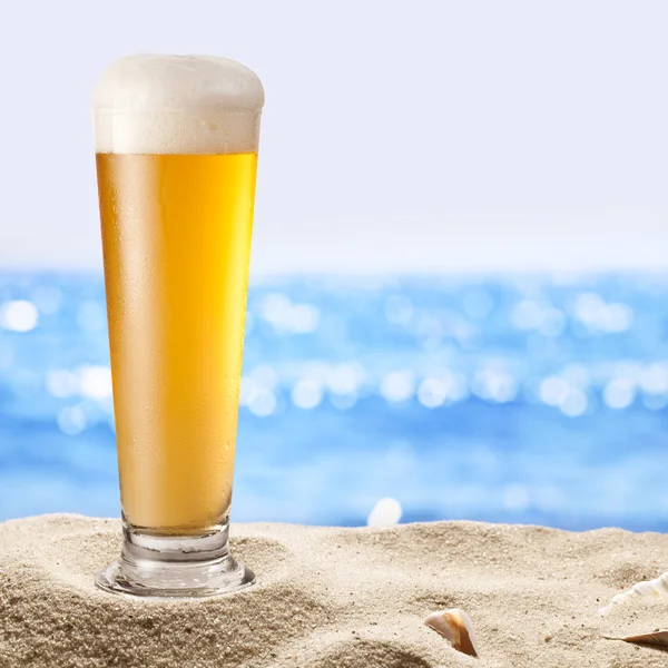 Foto de cerveja gelada botle na areia . — Fotografia de Stock