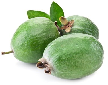 Üç feijoa meyve yaprakları ile.