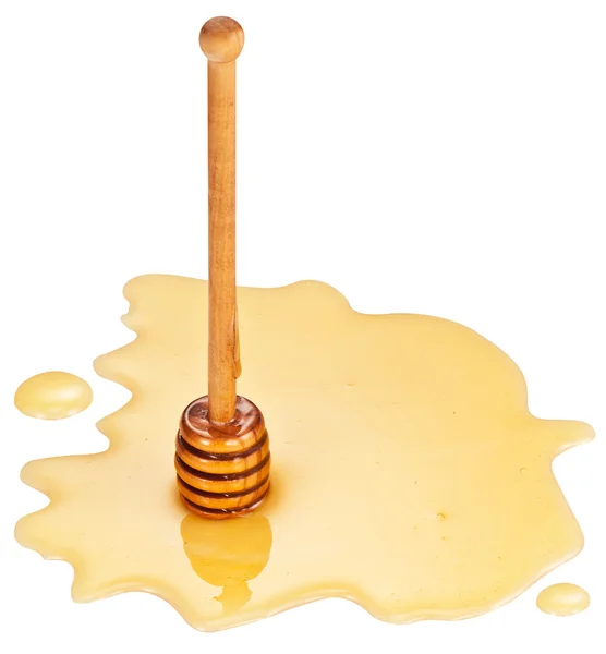 Wooden stick stays in the honey puddle. — Stock Photo, Image
