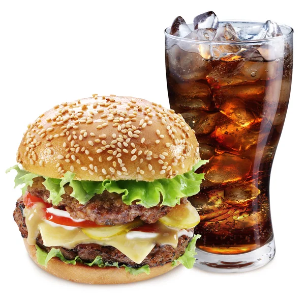 Hamburger and cola drink. Takeaway food. — Stock Photo, Image