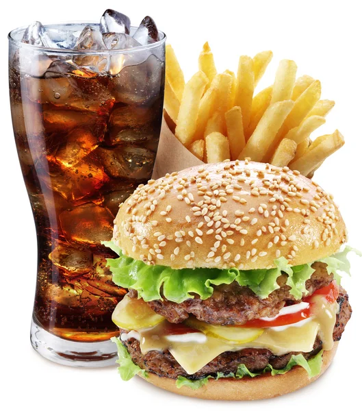 Hamburger, potato fries, cola drink. Takeaway food. — Stock Photo, Image