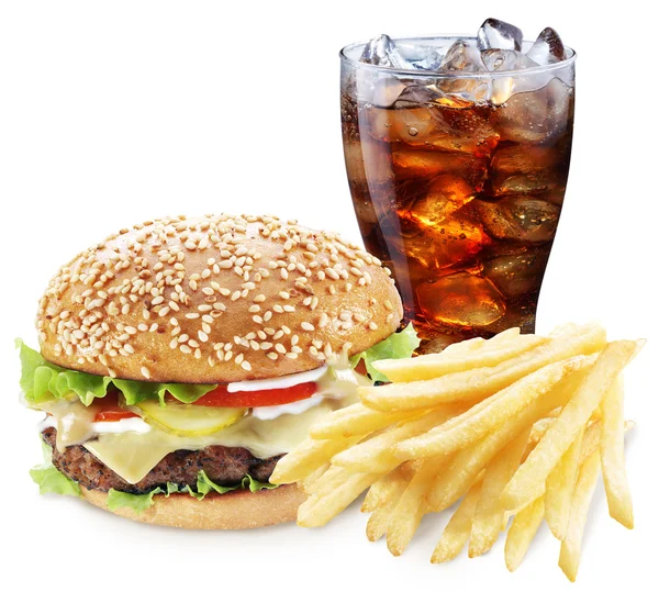 Hamburger, bramborové hranolky, cola nápoj. S sebou jídlo. — Stock fotografie