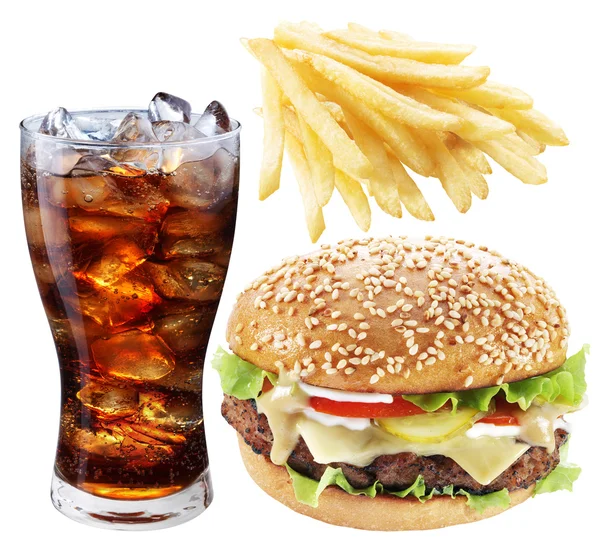 Hamburger, potato fries, cola drink. Takeaway food. — Stock Photo, Image