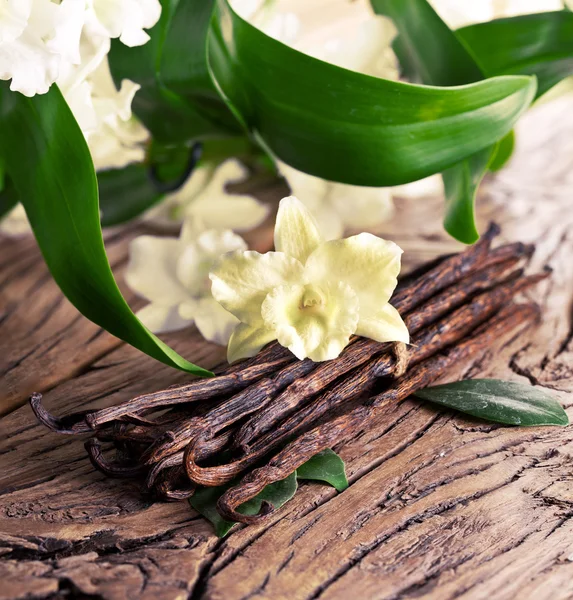 Mazzo di bastoncini di vaniglia e fiori su legno vecchio . — Foto Stock