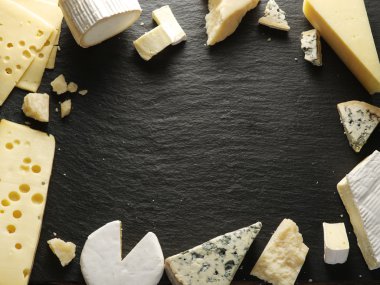Different types of cheeses arranged as a frame on black board. clipart