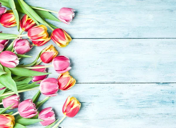 Tulipani rosa e rossi su fondo di legno . — Foto Stock