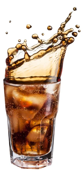 Cola glas med isbitar och dricka splash. — Stockfoto