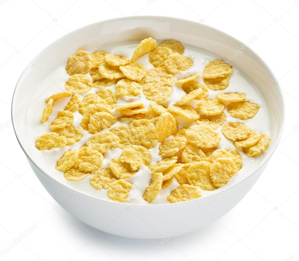 Cornflakes in the bowl on white background.