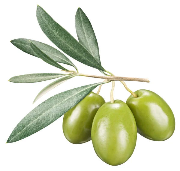 Green olives with leaves on a white background. — Stock Photo, Image