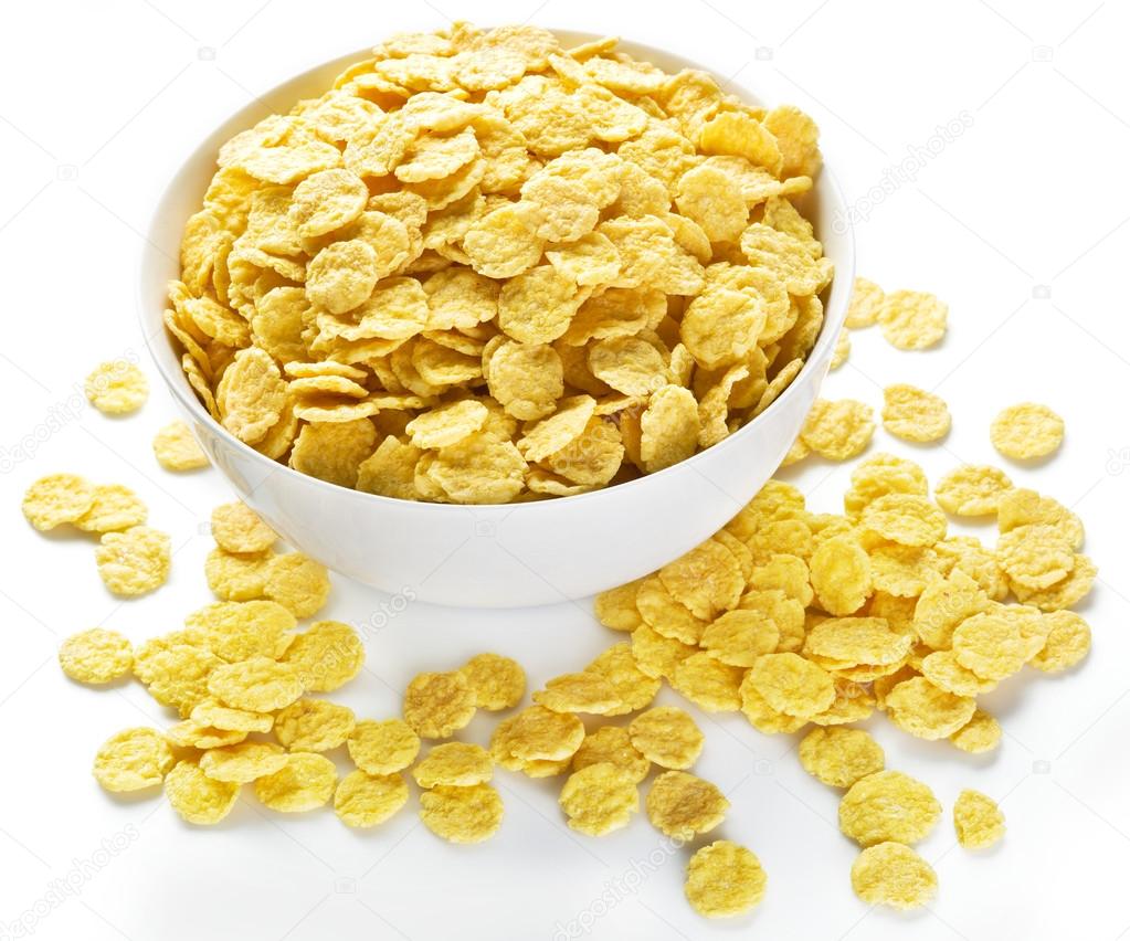 Cornflakes cereal in the white bowl. 