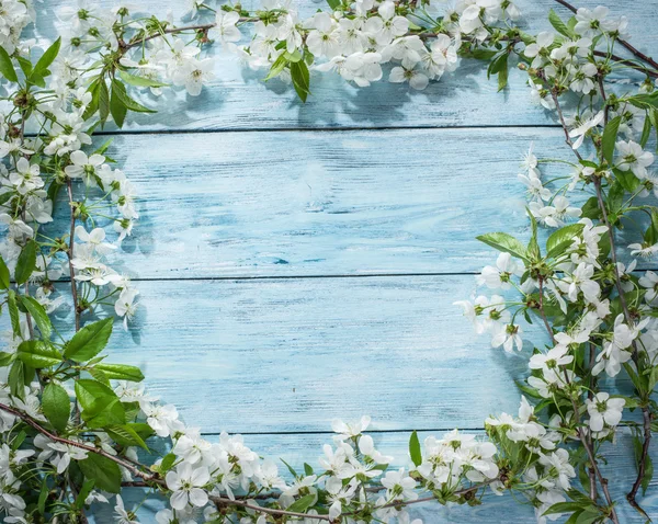 Blooming cherry twig over old wooden table. — Stock Photo, Image