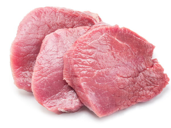 Raw beaf steaks on a white background.