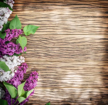 Eski ahşap masaya Lila çiçek çiçeklenme.