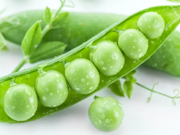 Open pea pod on a white background. — Stock Photo, Image