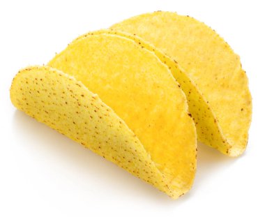 Meksika usulü taco ya da sığır etli tortilla beyaz arka planda izole edilmiş. Dosya kırpma yolu içeriyor.