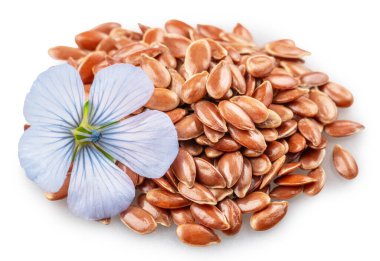 Mavi narin keten çiçeği beyaz arka planda izole edilmiş keten tohumu yığınının üzerinde yatıyor. Dosya kırpma yolları içeriyor.