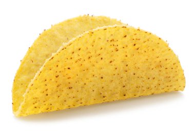 Boş Meksika taco kabuğu ya da beyaza izole edilmiş mısır tortilla. Dosya kırpma yolu içeriyor.