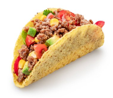 Meksika usulü taco ya da sığır etli tortilla beyaz arka planda izole edilmiş. Dosya kırpma yolu içeriyor.
