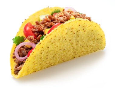 Meksika usulü taco ya da sığır etli tortilla beyaz arka planda izole edilmiş. Dosya kırpma yolu içeriyor.