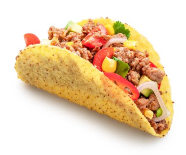 Meksika usulü taco ya da sığır etli tortilla beyaz arka planda izole edilmiş. Dosya kırpma yolu içeriyor.