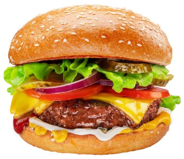 Hamburger ya da çizburger, sebzeli ve marullu beyaz arka planda. Dosya kırpma yolu içeriyor.