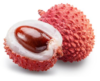 Lychee meyveleri ve beyaz arka planda izole edilmiş yarım porsiyon liçi. Dosya kırpma yolu içeriyor.