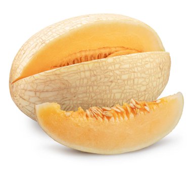 Olgun, beyaz oval kavun ve beyaz arka planda izole edilmiş bir kesik. Dosya kırpma yolu içeriyor.