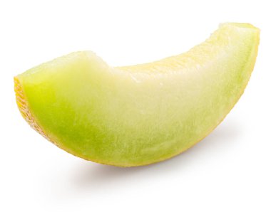 Beyaz arka planda izole edilmiş Galya kavunu dilimi. Dosya kırpma yolu içeriyor.