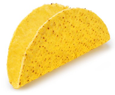 Meksika usulü taco ya da sığır etli tortilla beyaz arka planda izole edilmiş. Dosya kırpma yolu içeriyor.