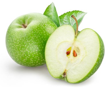 Olgun yeşil elma ve beyaz arka planda yarım elma. Dosya kırpma yolları içeriyor.