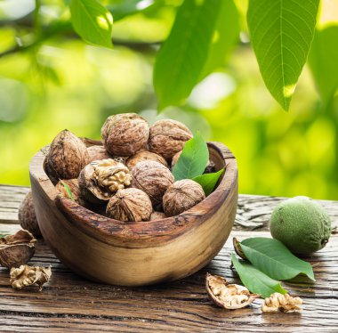 Walnuts in the wooden bowl. clipart