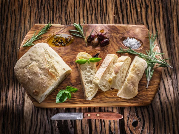 Ciabatta, olives and blue cheese. — Stock Photo, Image