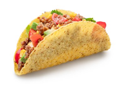 Meksika usulü taco ya da sığır etli tortilla beyaz arka planda izole edilmiş. Dosya kırpma yolu içeriyor.