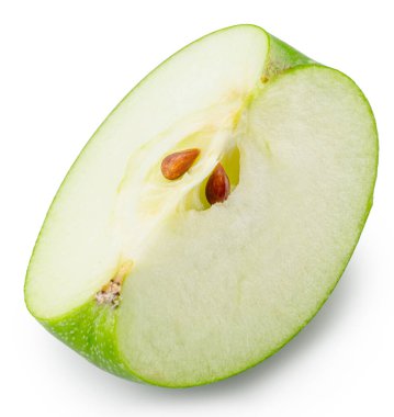 Beyaz arka planda olgun yeşil elma dilimi. Dosya kırpma yolu içeriyor.