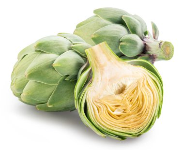 Enginarın Fransız enginarları ve kesitleri beyaz arka planda izole edilmiş. Dosya kırpma yolları içeriyor.