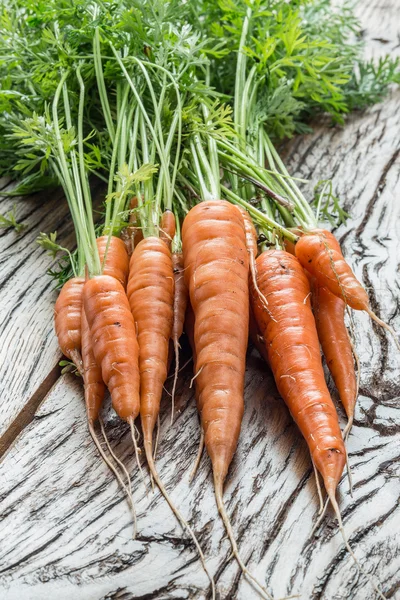 Carottes bio fraîches sur la table en bois . — Photo