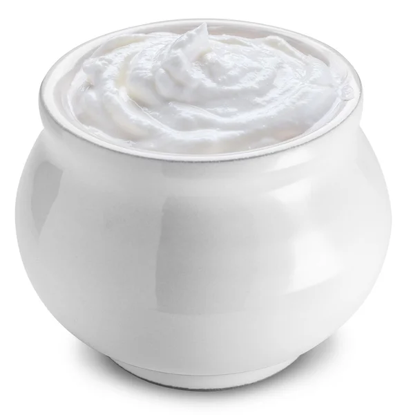 Small ceramic pot with sour cream. — Stock Photo, Image