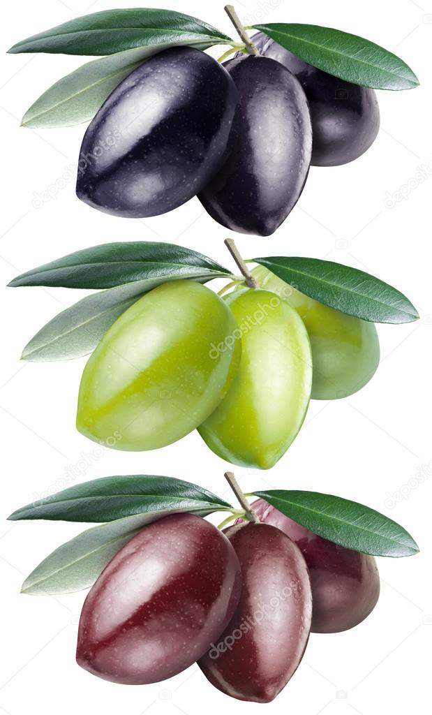 Green, black and kalamata olives with leaves on a white backgrou Stock