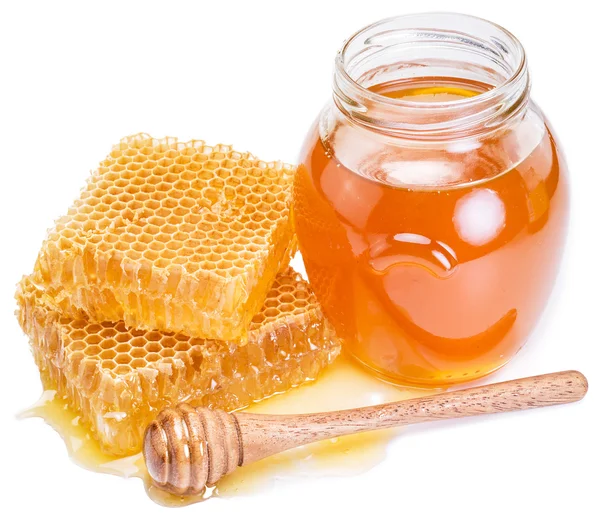 Jar full of fresh honey and honeycombs. High-quality picture. — Stock Photo, Image