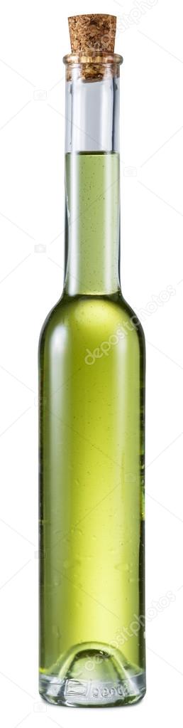 Bottle of extra virgin olive oil on a white background.