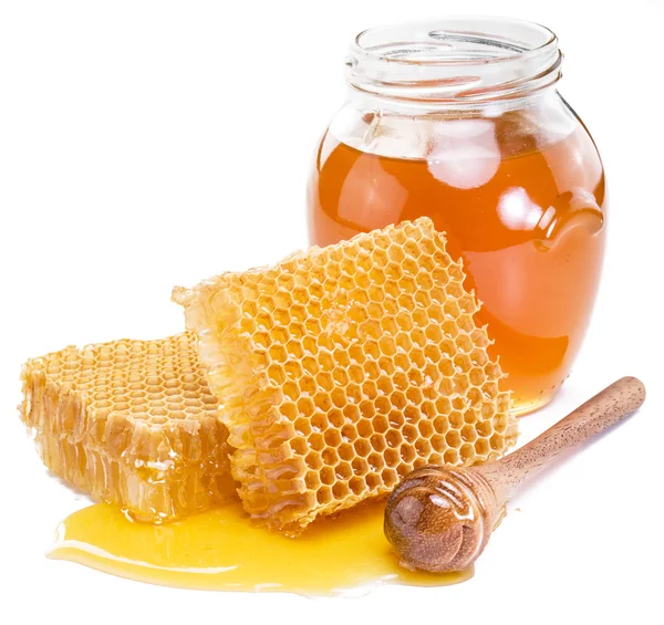 Jar full of fresh honey and honeycombs. High-quality picture. — Stock Photo, Image