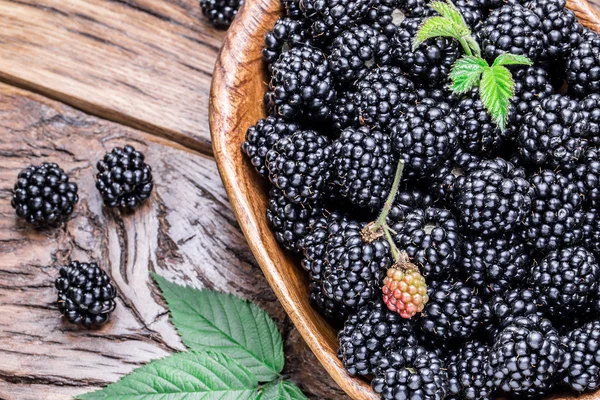 Blackberries in the wooden bowl. — Stock Photo, Image