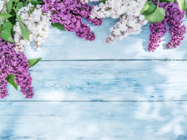 Eski ahşap masaya Lila çiçek çiçeklenme.