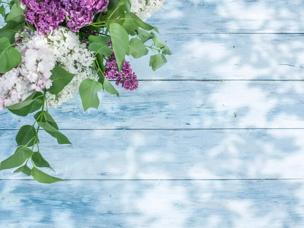Fleurs lilas fleuries sur la vieille table en bois . — Photo
