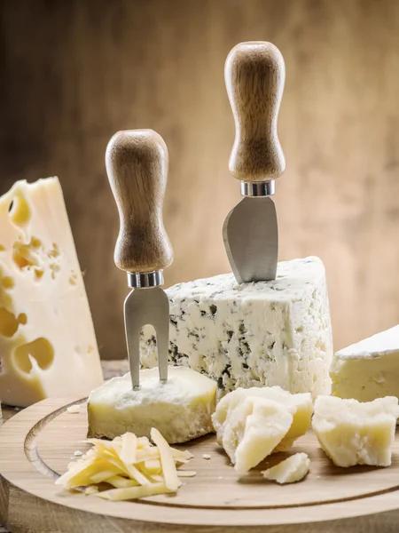 Variety of cheeses. Vintage stiles. — Stock Photo, Image