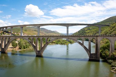 Portekiz 'in Alto Douro şarap bölgesindeki Peso Da Regua' daki Douro Nehri üzerinde iki köprü.